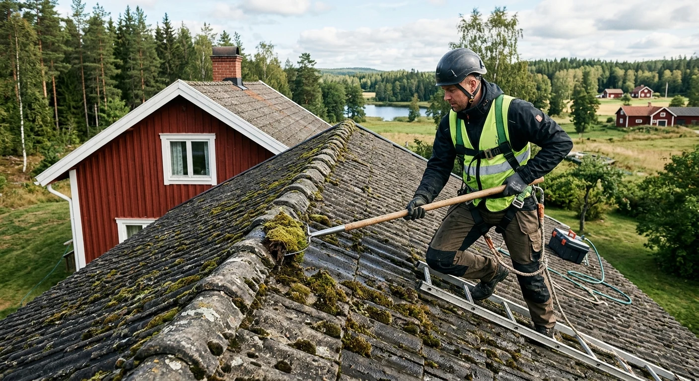 Illustration av arbetare som skrapar mossa från ett mossbelagt tak med skrapa