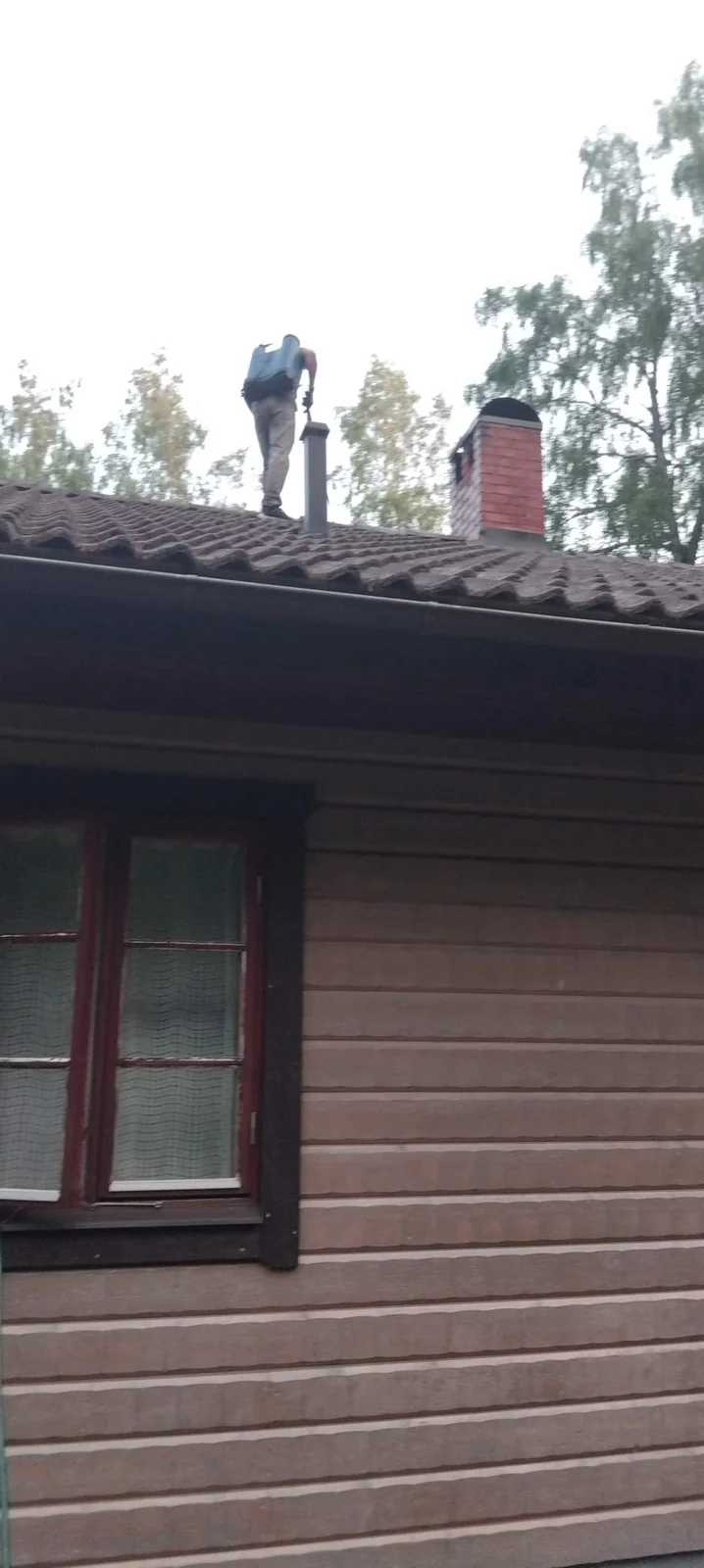 Man med blå ryggspruta uppe på ett tegeltak vid en skorsten